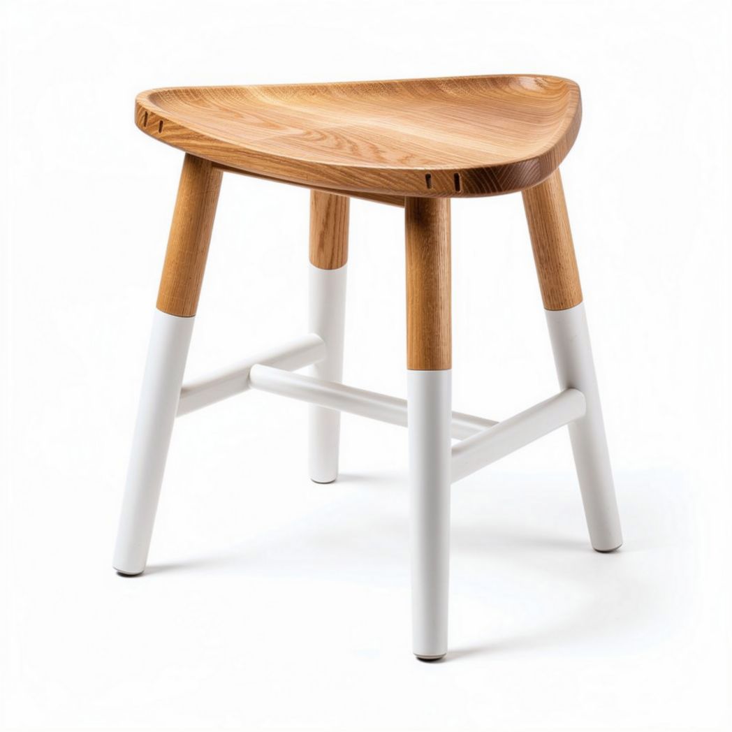 Houten kruk met drievoudige zitting en witte poten 40 x 30 x 45cm