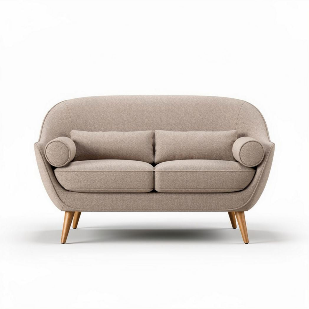 Bank met zachte stof in lichte kleur en houten poten 150 x 80 x 70cm
