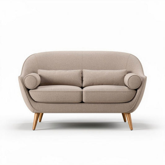 Bank met zachte stof in lichte kleur en houten poten 150 x 80 x 70cm