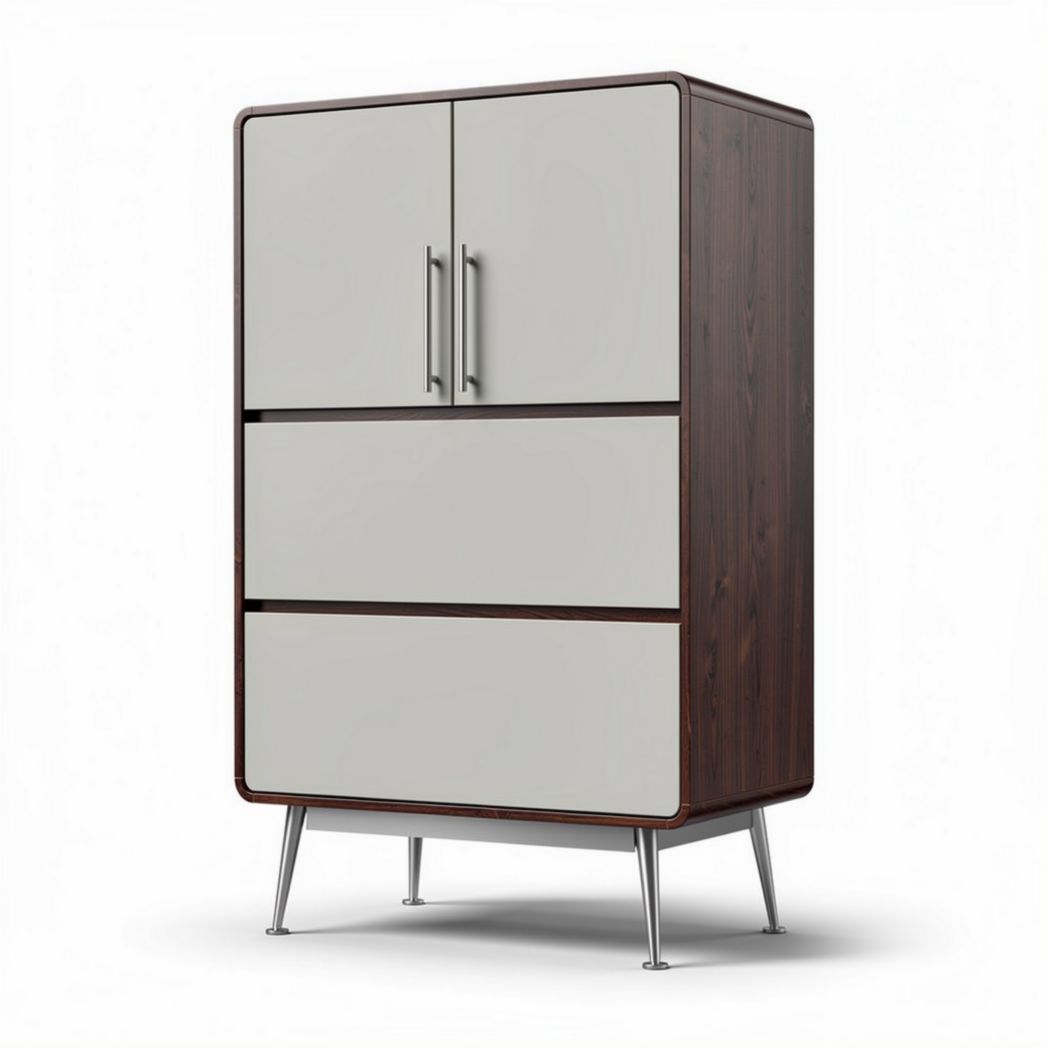 Houten kast met metalen poten en twee deuren in grijs en bruin 75 x 50 x 120cm
