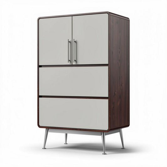 Houten kast met metalen poten en twee deuren in grijs en bruin 75 x 50 x 120cm