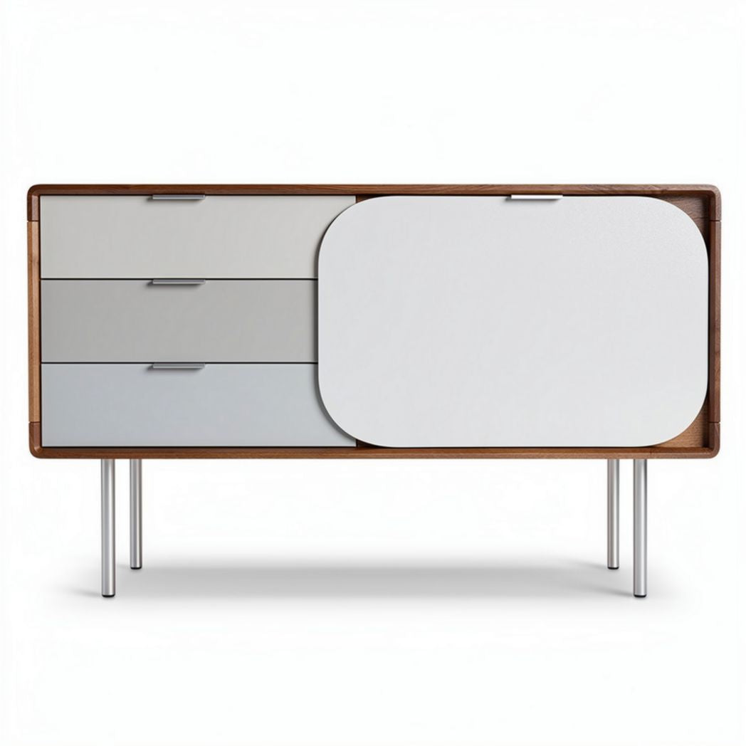 Dressoir van hout met drie lades en een witte deur 150 x 45 x 80cm