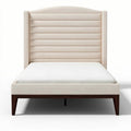Bed met gestoffeerd hoofdeinde in beige stof 190 x 150 x 100cm