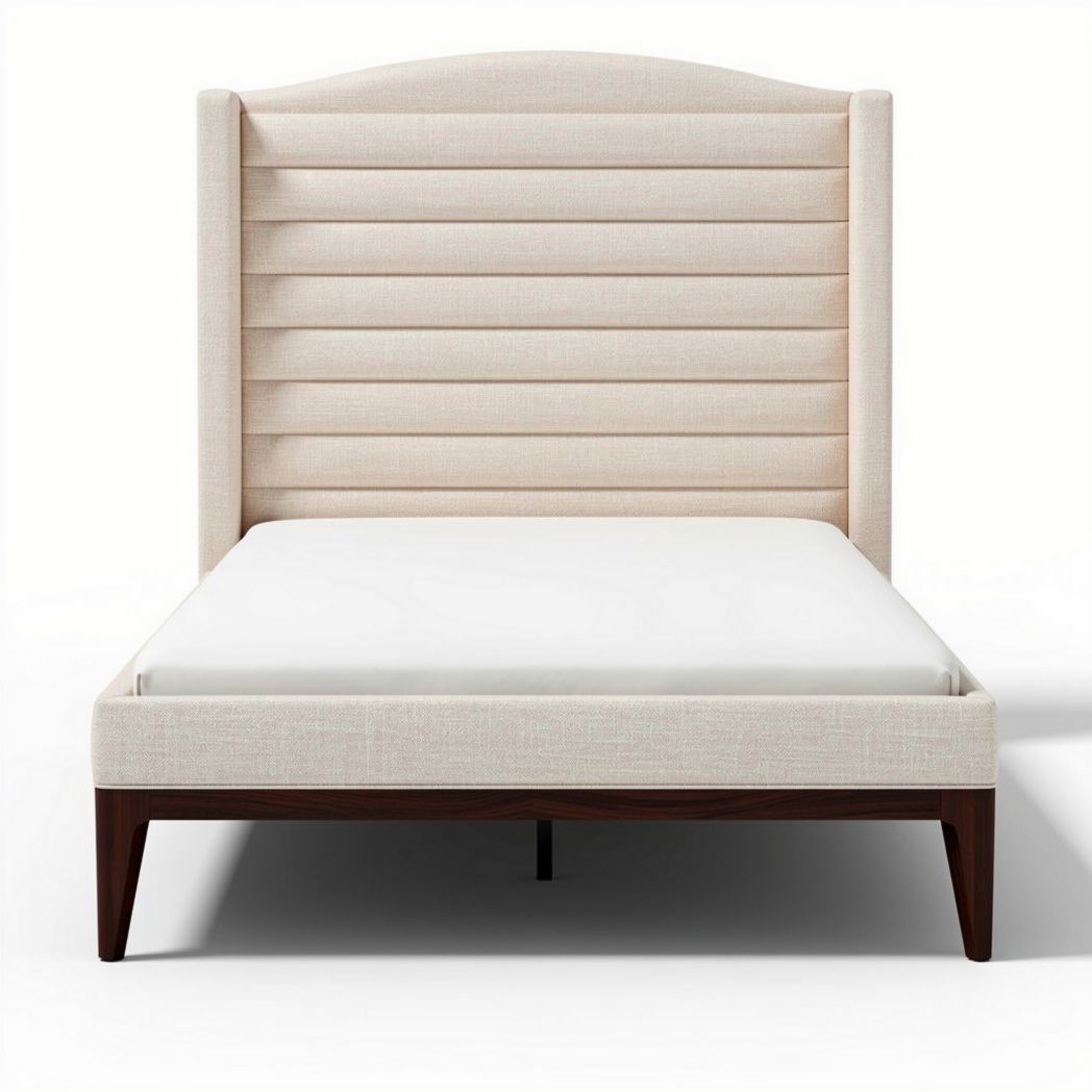 Bed met gestoffeerd hoofdeinde in beige stof 190 x 150 x 100cm