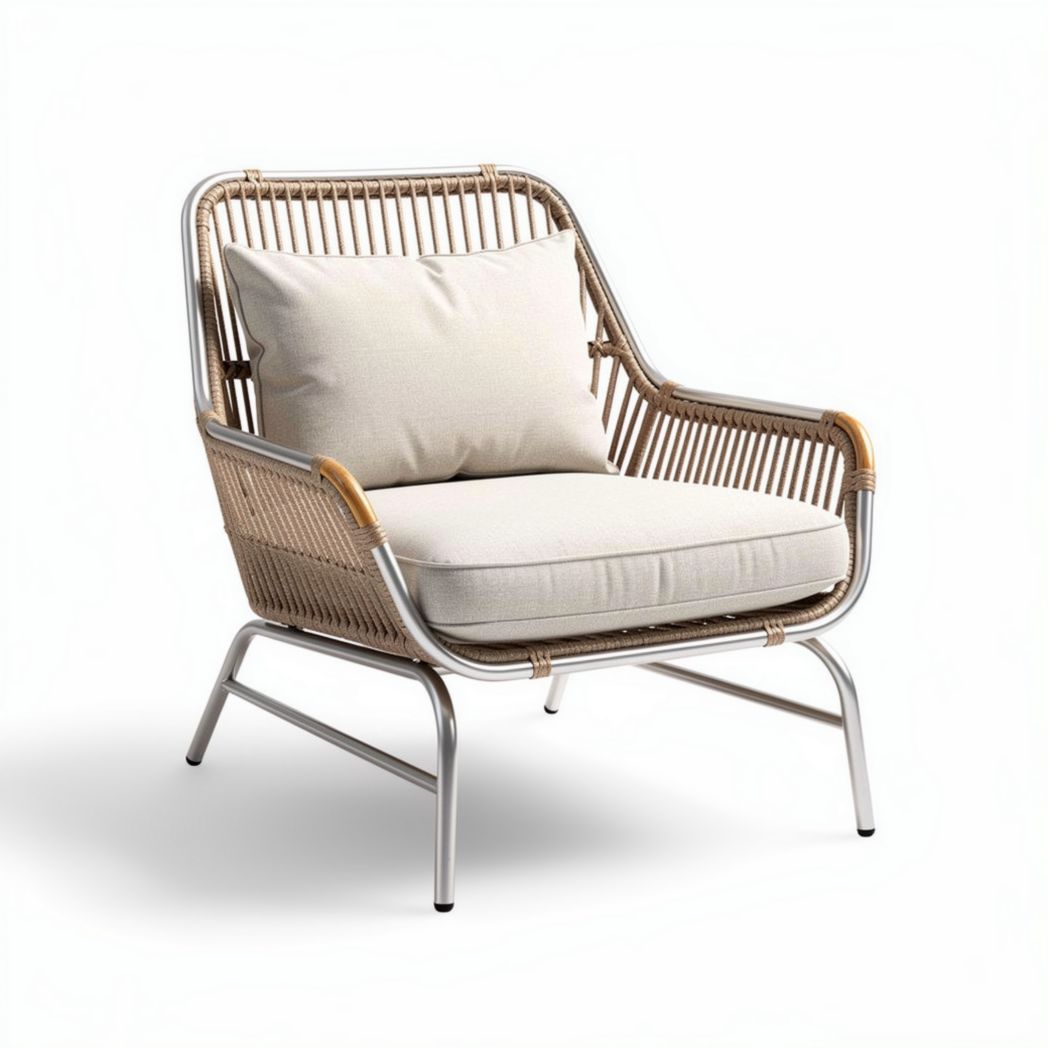 Rotan fauteuil met beige kussen en stalen frame 85 x 80 x 90cm