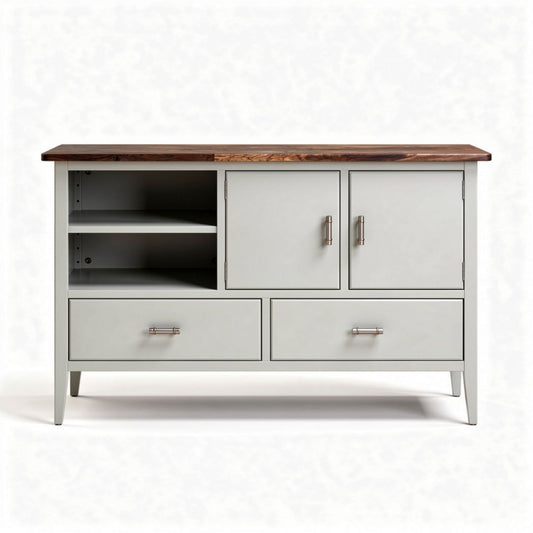 Witte ladekast met houten top en twee deuren afmetingen 100 x 40 x 80cm