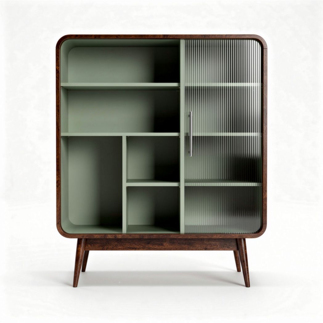 Opbergkast van hout en glas met groene en bruine afwerking 80 x 40 x 120cm