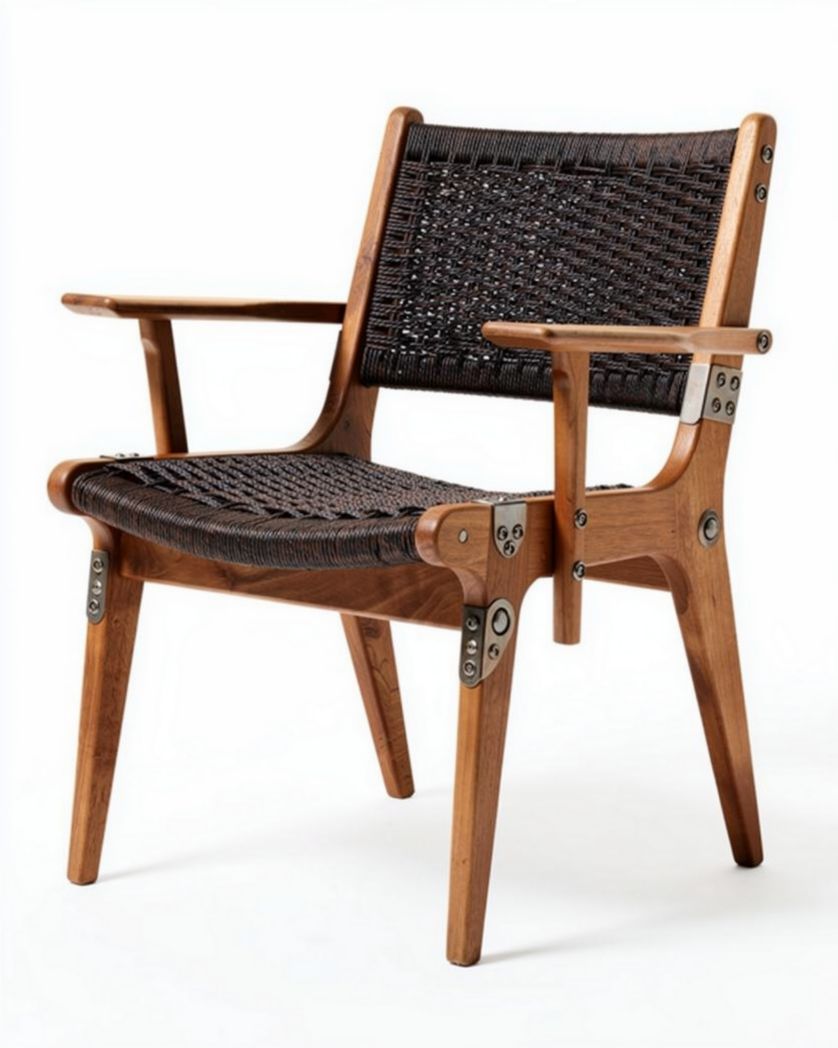 Houten stoel met gevlochten zitting en rugleuning in bruin 60 x 60 x 75cm