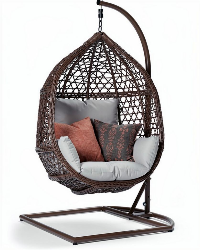 Hangstoel van rotan met kussen en metalen standaard 90 x 90 x 130cm
