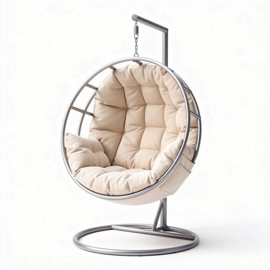 Hangstoel van stof met stalen frame en kussen in beige kleur 100 x 100 x 100cm
